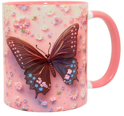 Shopi Zone Taza de café de cerámica con diseño de Mariposa floral, taza con asa e interior rosa, divertida taza de café de cerámica para los amantes de las mariposas y flores, taza de café mariposa.
