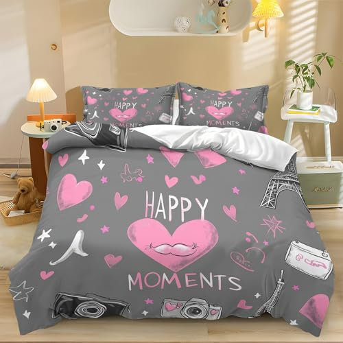 copripiumino stampato 240 x 260 cm Set Copripiumino Con Microfibra Di Fodere Labbra a cuore scarabocchio Del Letto Con Federa Per Cuscino Con Cerniera Abito Tre Pezzi Rosa