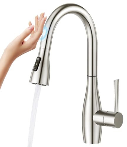 CREA Touch Sensor Wasserhahn Küche, Küchenarmatur mit Ausziehbarer Brause, Mischbatterie Küche mit 3 Funktionnen Brause, 360° Drehbar Spültischarmatur Küche, Gebrüstet
