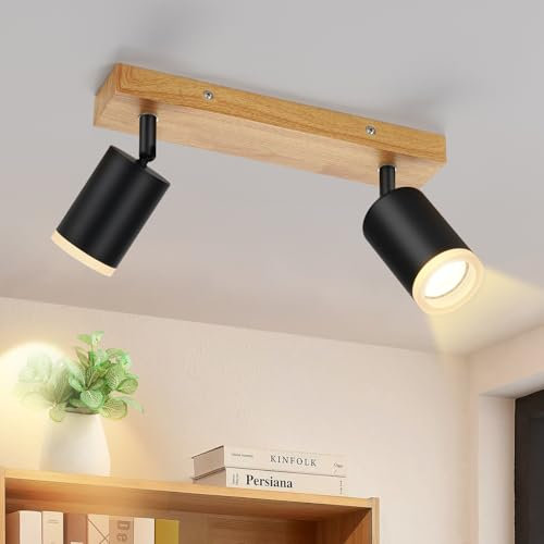 ZMH Faretto Da Soffitto Nero A 2 Luci - Lampada Da Cucina In Legno Gu10, Girevole A 350° Lampada Da Parete Industriale Vintage Per Soggiorno, Camera Da Letto, Corridoio (Lampadina Non Inclusa)
