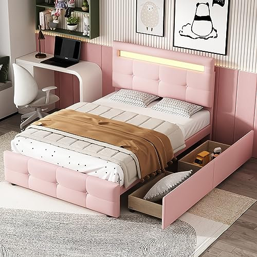 Gegtuon Polsterbett Bett 90x200 cm mit LED-Licht, Kinderbett Einzelbett mit Stauraum Schubladen und Kopfteil, Stauraumbett mit Rückenlehne & Lattenrost für Kinderzimmer, ohne Matratze, Leinen, Rosa