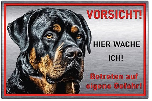 Schild Vorsicht Hund - Achtung - Warnung - Hund Rottweiler Warnschild aus Aluminiumverbund in Edelstahl Optik - Hundeschild mit Digital-UV-Direktdruck - 22,5x15 cm -M3 (Silber, 22,5x15 cm)