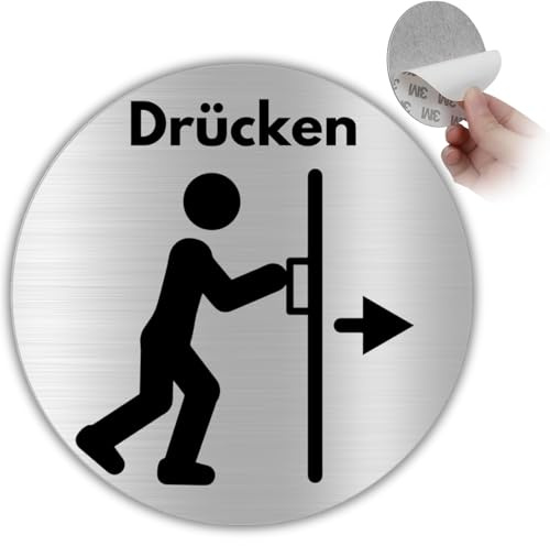 LEIASA | Schild Tür Drücken - Ø 10 cm - Aluminium - Öffnungsrichtung Symbol | Aufkleber Hier Drücken, Hinweisschild Drückrichtung, Selbstklebende Runde Plakette, Hand Piktogramm Richtungshinweis