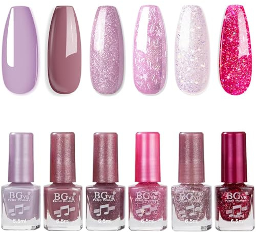 Nail Polish Set - Glitter Nail Varnish Sets - Quick Dry & Long Lasting Purple Nail Polish - 6PCS Sparkly Purple Oil-Based Formula Nail Polish Gift Set - No Need Cure Nail Paint for DIY Nail Art