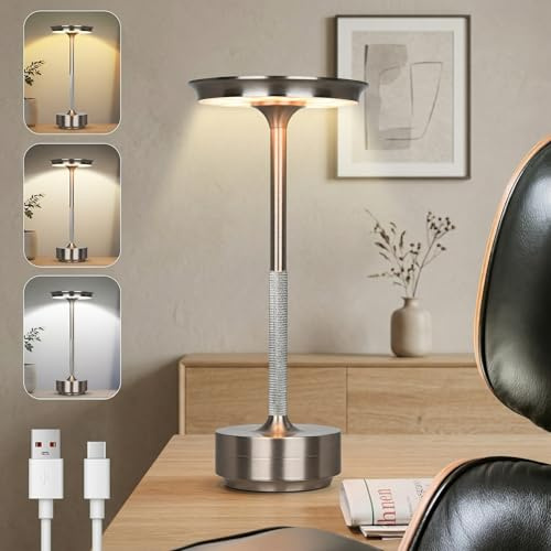Rosnek Tischlampe Kabellose LED, 3 Farbtemperaturen Stufenlos Dimmbare Akku Tischleuchte, Touch Lampe mit USB-C, Silber Stylische Tischlampe Akku für Innen & Außenbereich, Metall Tischleuchte