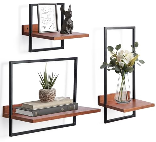 Generisch 3er Set Wandregale aus Holz - Schwebende Regale Quadratisch | Hängeregale für Wohnzimmer, Küche & Schlafzimmer | Dekoratives Bücherregal mit Metallhalterung | Einfache Montage (Nussbaum)