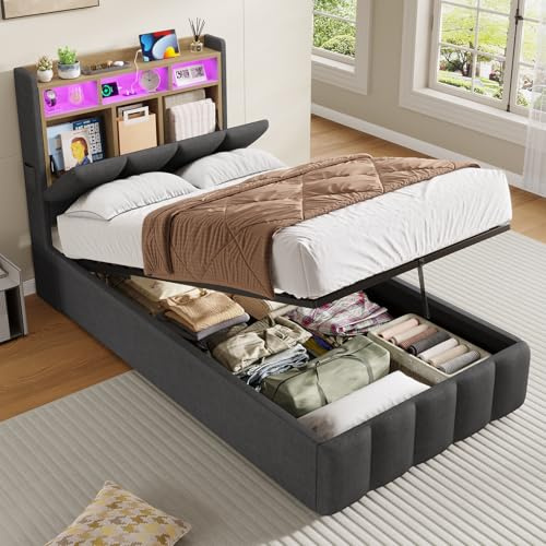 KIMENICH Bett mit LED Beleuchtung, Hydraulisches Bett 90 x 200 cm, Polsterbett, Regalkopfteil mit Stauraum, Bettgestell mit Lattenrost, bequem, für Schlafzimmer, Gästezimmer, Leinenstoff grau