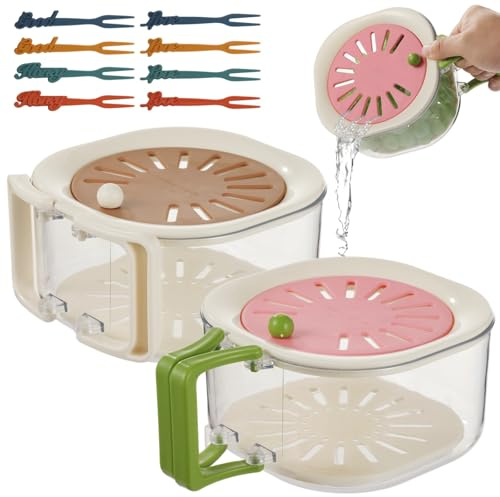 Calolin 2 PCS Fruit Washing Bowl with Strainer, Fruit Washing Basket with Lid & Folding Handles, Kitchen Draining Basket for Washing Storing, Fridge Keeper, Includes 8 Fruit Picks