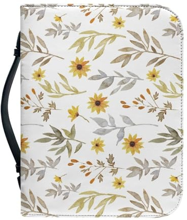 Bibel Hülle Tasche Gelbe Blumen Große Pu-Leder Buchhülle Für Damen Und Herren, Vielseitige Buchschutz Mit Griff, Reißverschluss, Taschen Und Stiftfächern 25.9x4.6cm