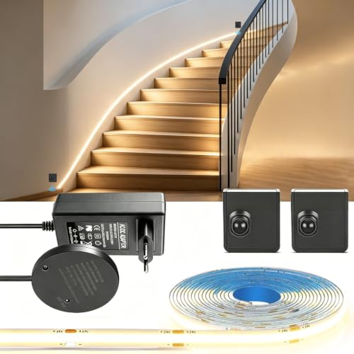 OOWOKS LED Strip mit 2 Bewegungsmelder 3M, 24V COB 320 LEDs/m Warmweiß 3000K, Selbstklebende LED Streifen mit Netzteil, Bewegungsaktiviertes Licht für Schrank Treppe Flur Schlafzimmer Party,3000k,3M