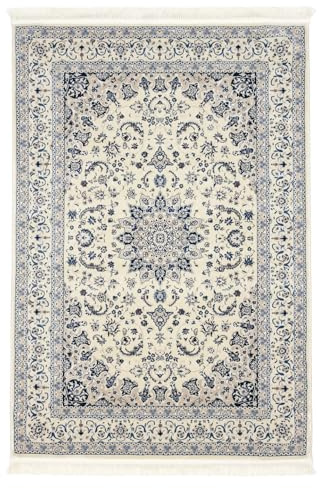 RugVista Nain Emilia, Tappeto, Orientali Medio Oriente Tradizionali Nain, 140 x 200 cm, Rettangolare, Pelo medio, Lavabile solo a secco, Bianco crema/Blu