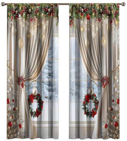 Jul Fönstergardiner Draperier Med Ljuskulor Och Grankvistar