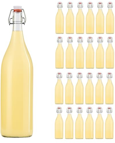 hocz 24x leere Bügelflaschen 1 Liter zum Befüllen Weiß - große Flaschen mit Bügelverschluss - 24er Bügel Glasflaschen Set für Saft, Getränke, Likör, Öl, Saucen - 24 Stück, 1000ml, Weiß