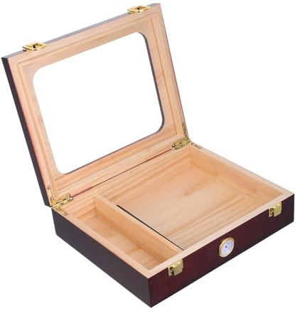Mikikit Caja Humectante para Cigarros de Madera con Ventana de Vidrio Transparente, Humidificador Integrado y Control de Humedad Preciso, Estuche Portátil para Almacenamiento y Exhibición