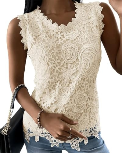 Cicy Bell Maglietta da donna con scollo a O, senza maniche, in pizzo, sexy, estiva, con scollatura a incavo, top in pizzo, top estivo, top in pizzo, albicocca, L