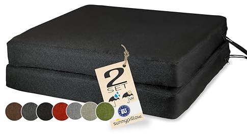 sunnypillow 2er Set Stuhlkissen 40 x 40 cm wasserdicht UV-lichtecht 7cm dick - Outdoor Polsterauflage mit Bändern - Auflage für Stühle,Bänke - Sitzkissen Stuhlauflage für Haus und Garten - Schwarz