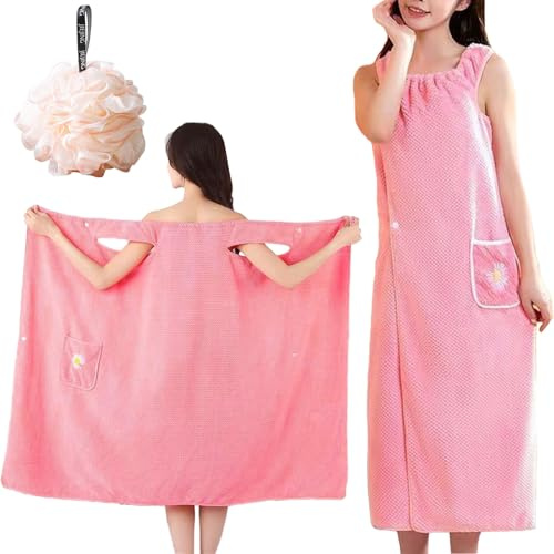 JYJLLM Accappatoio da donna con tasche, rosa, 100 x 130 cm, asciugamano da sauna e telo mare in uno, morbido accappatoio per sauna, piscina, spa e benessere con 1 sfera doccia