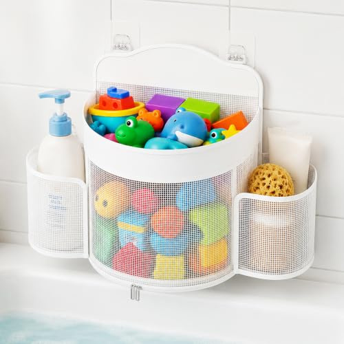 Dreamtop Bath Toy Storage - Large Bath Toy Net Holder with Quick Dry Design 2 Side Pockets Bottom Zipper, Space Saving Bathroom Organizer for Bathtub Toys White