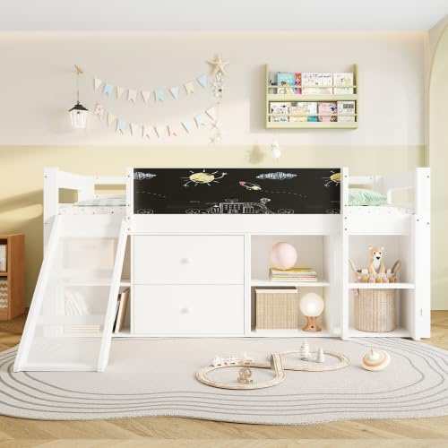 Merax Kids Mid Sleeper Loft Bed 90 x 190cm, Wooden Cabin Bed with Slide, Blackboard, 2 Drawers & Storage Shelves, Reversible Ladder, High Sleeper Bed Frame for Children, White
