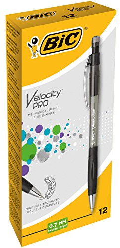BIC Velocity Pro Refillable Mechanical Pencils - Black - Box of 12 (3 HB) Lead Pencils 0.7 mm with Eraser