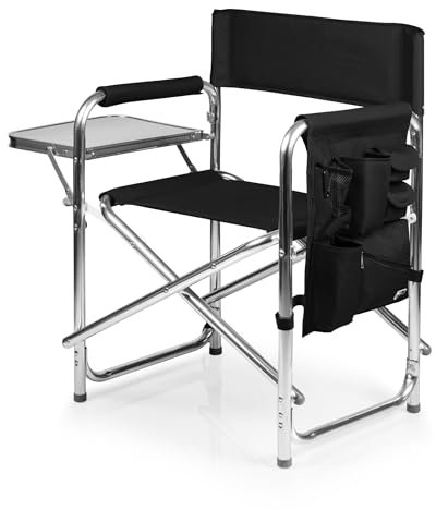 PICNIC TIME Sports Chair with Side Table and Armrest Caddy, Lightweight Aluminum Folding Outdoor Camping Chair for Adults, Portable Director Style Lawn Seating with Pockets & Carry Strap, (Black)