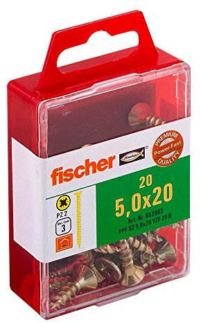 fischer Power-Fast FPF-SZ 5,0 x 40 YZP 20 B - Spanplattenschrauben mit Senkkopf und Teilgewinde, zur Befestigungen von tragenden Bauteilen in Holz, gelbverzinkt - 20 Stück - Art.-Nr. 653967