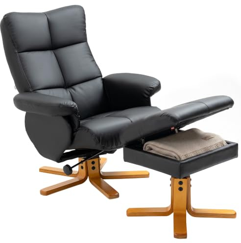 HOMCOM PU Leather Swivel Recliner Chair with Footstool, Wooden Base and Storage for Living Room, Black