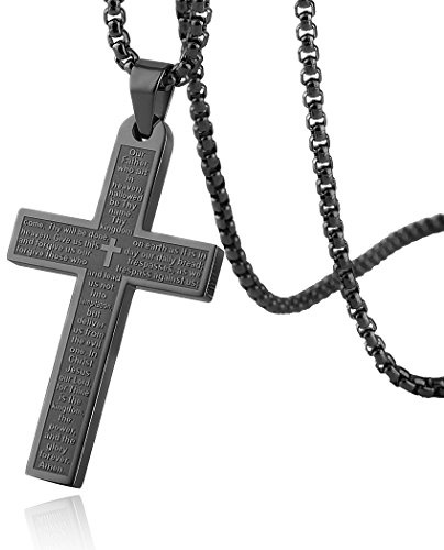 HZMAN Stainless Steel Cross Necklace for Men Women Inspiring Lord's Prayer Cross Pendant Jewelry Gift (Black)