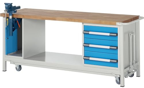 Fahr- und absenkbare Werkbank, Gestellbauweise Serie 8, 3 Schubladen, Klapplift-Schraubstock, BxT 2000 x 700 mm.
