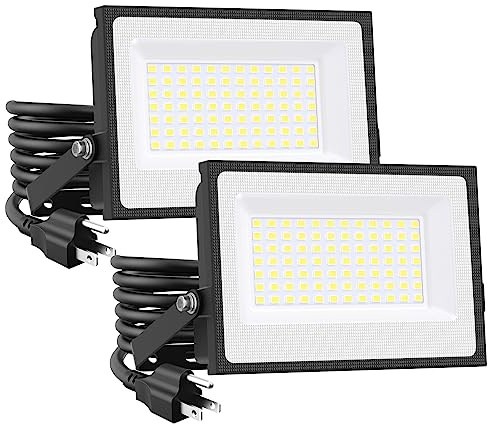 Onforu 80W Flood Lights Outdoor,8000lm Bright LED Work Light with Plug,Daylight White LED Flood Lighting, IP66 Waterproof Security Yard Lights for Garage Stadium 2 Pack