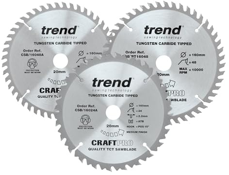 Trend Holz Kreissägeblatts, 3er-Pack, 160mm Durchmesser, 20mm Bohrung, 24 & 48 Zähne, HW, 2,2mm Schnittbreite, +15° Haken & +4° Haken, CSB/160/3PK/A