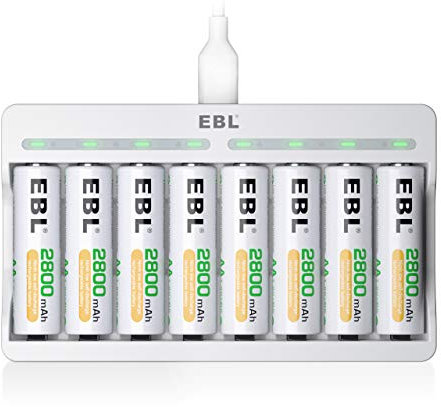 EBL 8 x NIMH 2800mAh AA Rechargeable Batteries with Charger, 8 Slots LED Individual AA Battery Charger with 5V 2A Fast Charging Function with Rechargeable Battery AA Sets