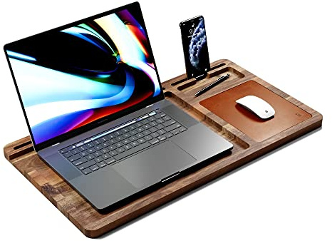 lula Laptop Unterlage aus Akazienholz - Mit Großem Leder Mauspad und Praktischer Halterung für Notebook, Tablet und Telefon; Portable Laptop Tisch für Sofa im Home Office oder als Betttisch im Bett