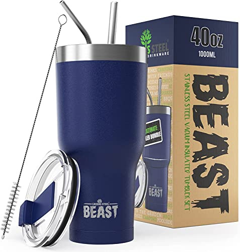 Beast Tumbler - 1050 ml (40 oz), Royal Blue | Reusable Stainless Steel, Vacuum Insulated Cup | with + 2 Straws & Cleaning Brush | Double Wall Travel Flask Perfect for Hot or Iced Coffee | BPA Free