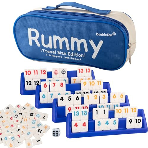 Doublefan Mini Rummy Set,Travel Size Rummy Game with Durable Travel Canvas Bag, Classical Rummy Cube Game for Adult and Kids,106 Tiles, 4 Playing Rack, 1 Dice (2-4 Players)