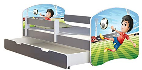 ACMA Kinderbett Jugendbett mit Einer Schublade und Matratze Grau mit Rausfallschutz Lattenrost II Spielbett Kinderzimmer Möbel (13 Fußballer, 180x80 + Bettkasten)
