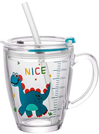 Tazza per latte in vetro per bambini, con cannuccia e coperchio in silicone, misurino con scala, grazioso bicchiere con manico per latte, succo, acqua, tè, bicchiere trasparente con cartoni animati