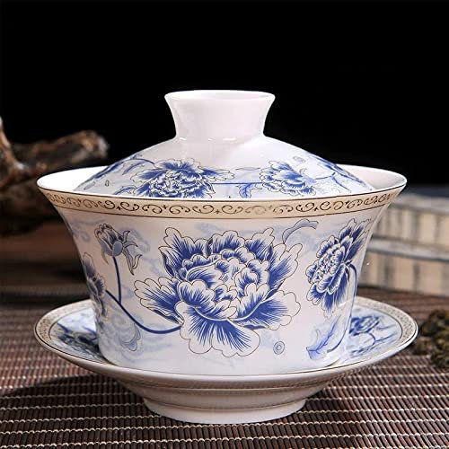 DUNGS Große Eierschale Bone China Gaiwan Jingdezhen Blaues und weißes Porzellan Teeschale Terrine Keramik Teetasse und Untertasse Set