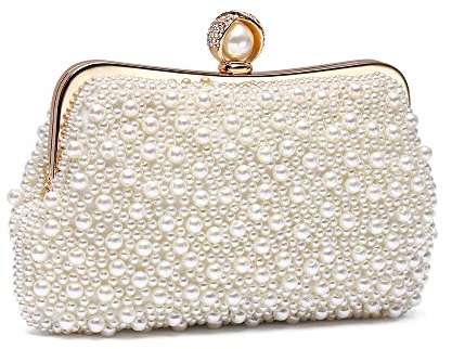 Mulian LilY Damen Clutch Abendtasche mit Kunstperlen, Handtasche für Hochzeit, Brautpartys und Abschlussball, elfenbeinfarben