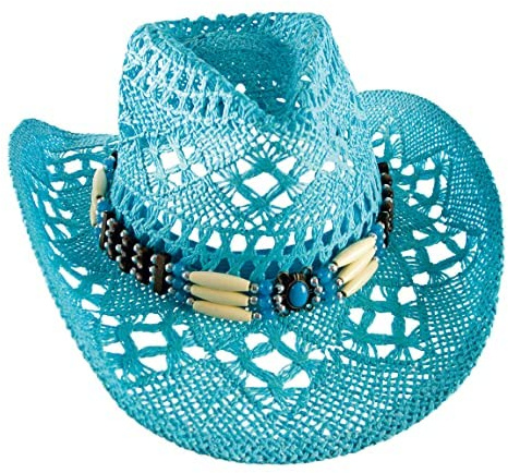 Westernwear Western Style Sommer Strohhut mit Perlen-Hutband in verschl. Farben (Türkis, 2 (58-59 cm))