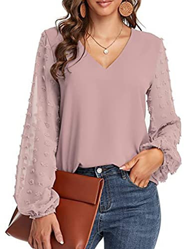 ORANDESIGNE Blusa Donna Elegante Curvy Chiffon Manica Lunga Maglietta Maglia Trasparente Scollo a V Cerimonia Camicia da Ufficio Sexy Tinta Unita Casual Particolari Camicette a Rosa XXL