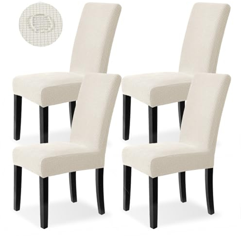 Dubest Stuhlhussen 4er Set Stuhlbezug Stretch Hussen für Esszimmerstühle Stühle Schutz Stuhlbezüge Deko Bi-Elastic Bezug für Hotel,Hochzeit,Bankett, Küche, Restaurant,Party,Büro(Beige)
