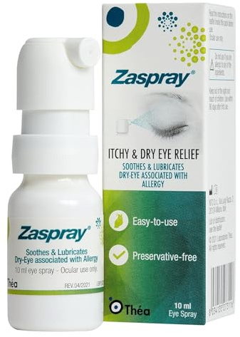 Zaspray Trockenes Augenspray | für gereizte, juckende und rote Augen | Beruhigt und hydratisiert trockene Augen aufgrund von Allergien | Konservierungsstofffreie Formel | Einfache Anwendung,