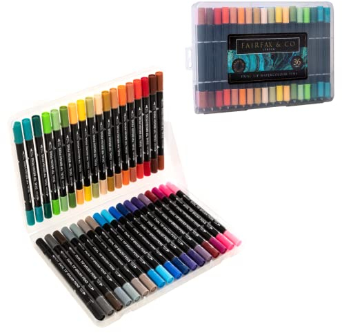 HTI Fairfax & Co Dual Tip Pens | 36 Piece Premium Quality Coloured Dual Tip Brush Pens in Storage Case Watercolour Brush Felt Tip Pen, Blendable, Water Based Ink Adults Drawing and Sketching