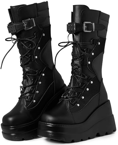 Tscoyuki damplatå middags-kängor, chunky högklackade kilstövlar gotiska zip & Lace Up Combat Round Toe motorcykelstövlar, svart, 40 EU