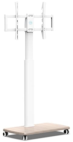 FITUEYES Carrello Porta TV con Ruote per 32-70 Pollici, 60° Girevole & 6 Altezza Supporto TV da Pavimento con Legno Base, Max VESA 600x400mm Carico 40kg (Bianco)
