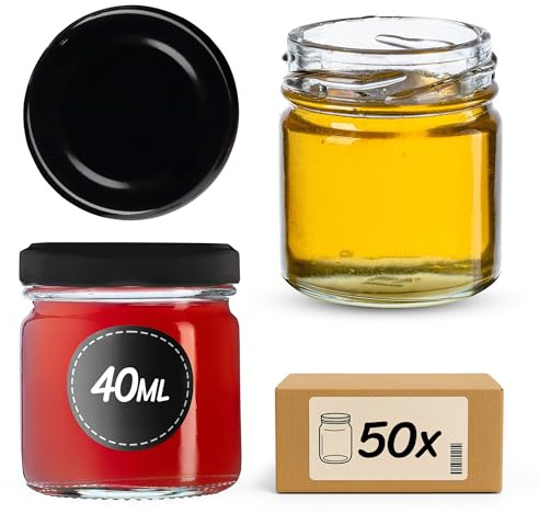 KADAX 50er Set Mini Einmachgläser 40ml mit TO43 Schraubdeckel Schwarz – Gewürzgläser, Probiergläser & Marmeladengläser | Luftdicht & Spülmaschinenfest