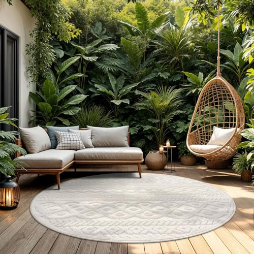 TT Home Outdoor Teppich Rund 120 cm Creme, Wetterfest & Robust modernes Boho Skandi Design mit 3D-Optik, für Terrasse & Wohnzimmer