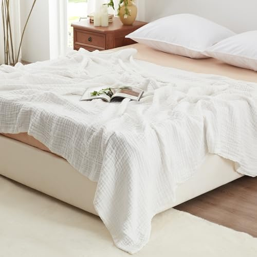 Love's cabin 100% Cotton Muslin Blanket, 6 Layer Lightweight Breathable Gauze King Size Blanket 108 x 90 Inches, Soft Summer Blanket for Bed, White