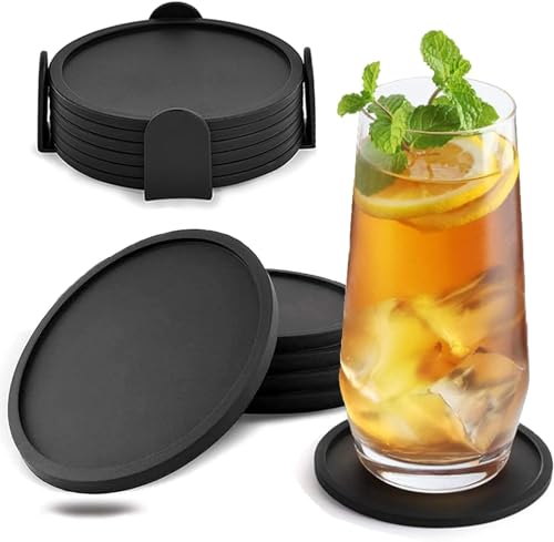 Set di 6 Sottobicchieri in Silicone Antiscivolo, Sottobicchieri con Design con Scanalatura Profonda del Vassoio, per Caffè, Birra, Tazza, Bottiglia di Vetro di Vino, Casa e Bar(Round Black Coasters)